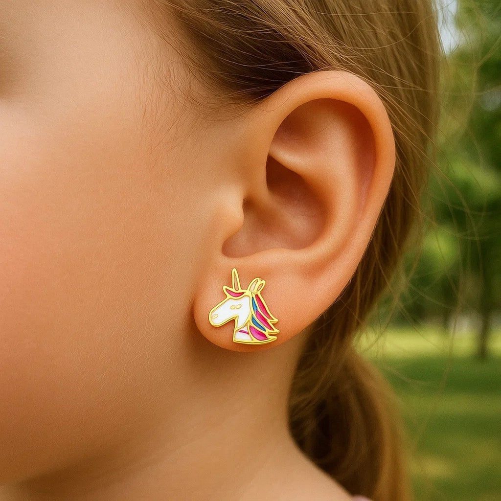 14k Yellow Gold Enameled Unicorn Childrens Earrings