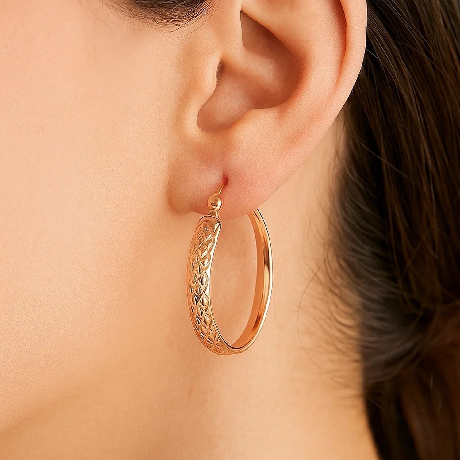 14k Rose Gold Hammered Oval Hoop Earrings