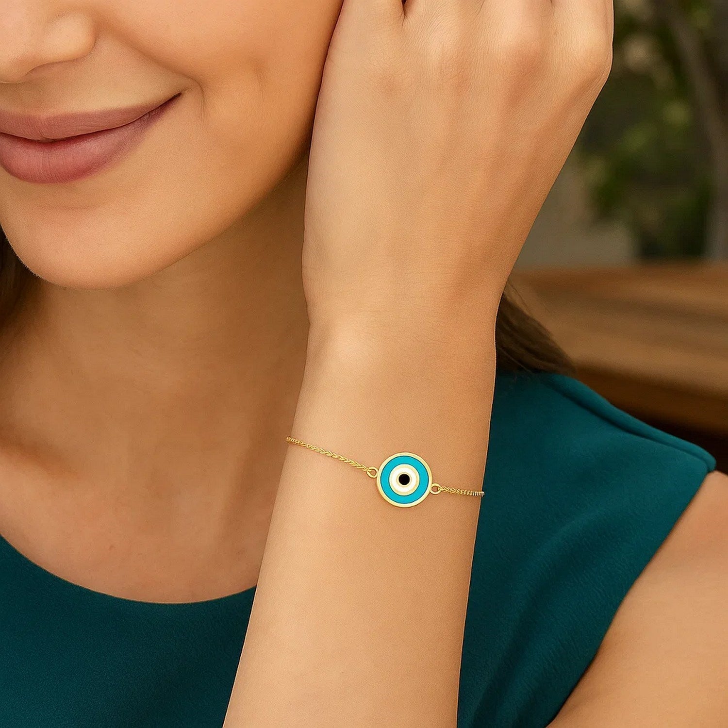 14k Yellow Gold Blue Evil Eye Bracelet (1.00 mm)