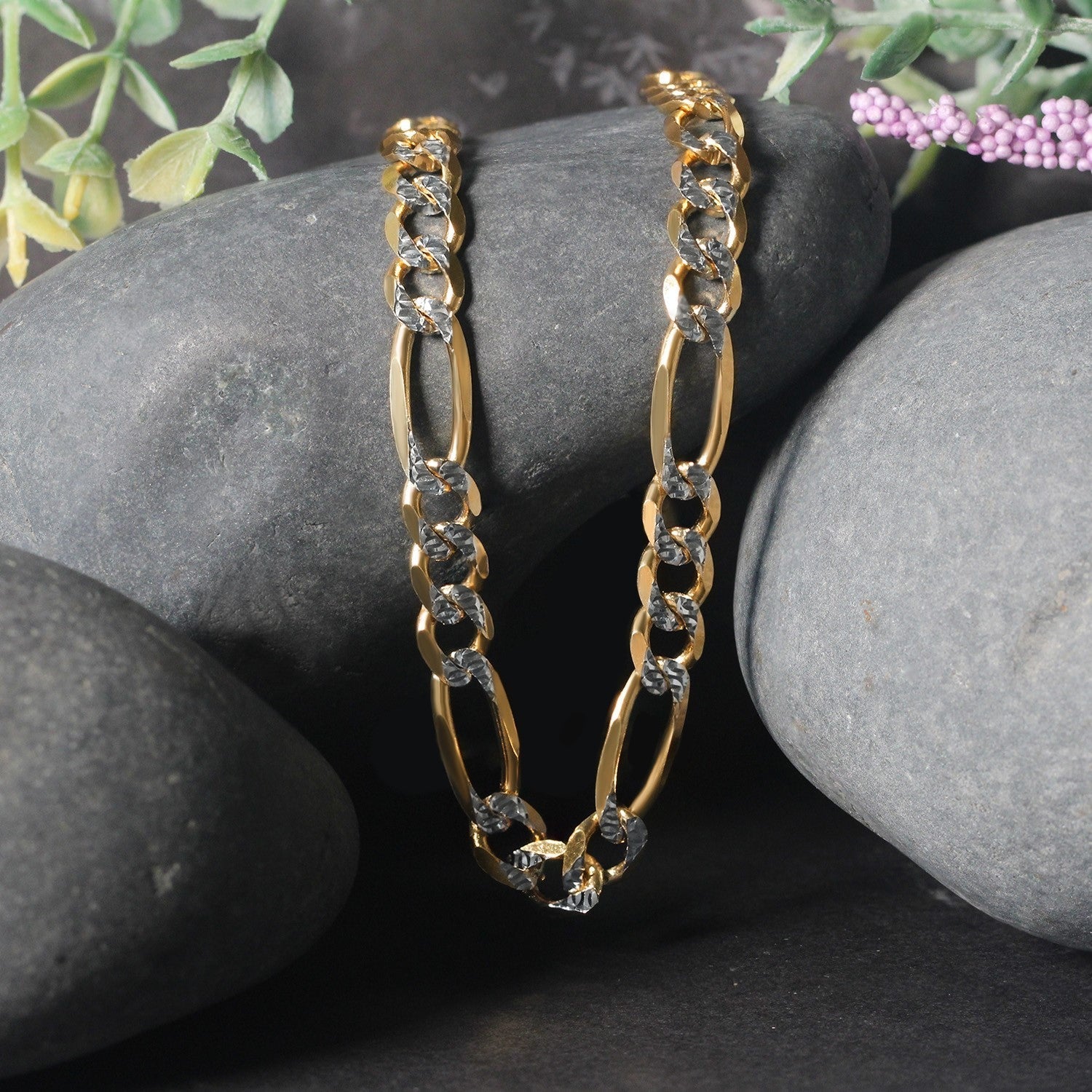 14K Yellow Gold Solid Pave Figaro Chain (7.00 mm)