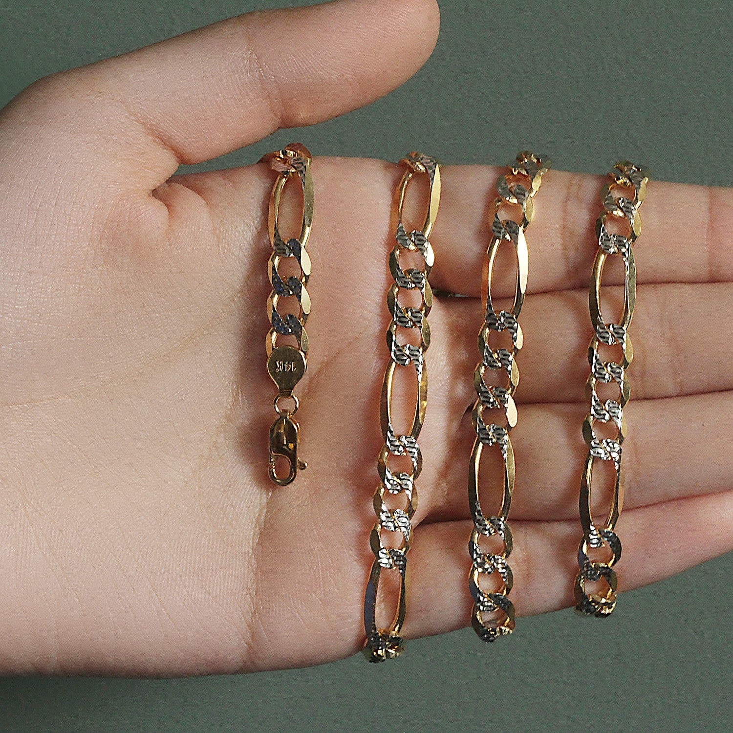 14K Yellow Gold Solid Pave Figaro Chain (7.00 mm)