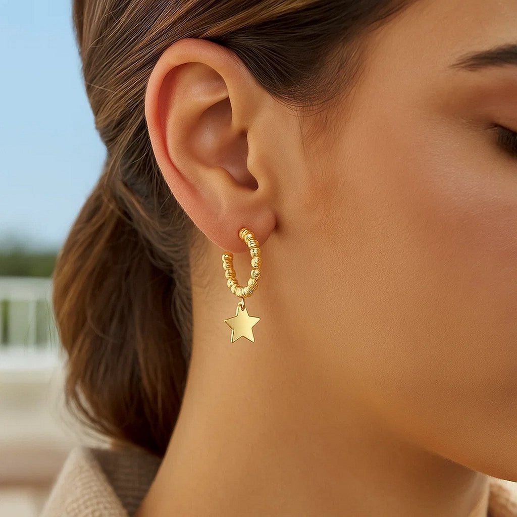 14K Yellow Gold Drop Star Charm Beaded Hoop Earrings