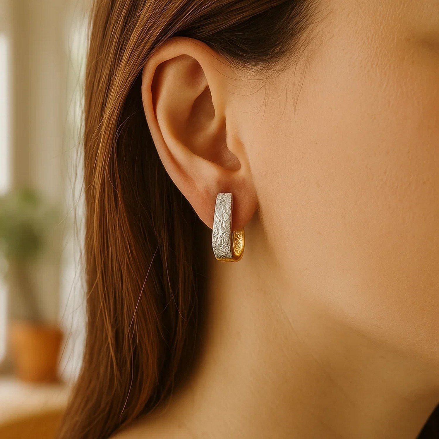 14k Two-Tone Gold Oval Diamond Cut Textured Earrings