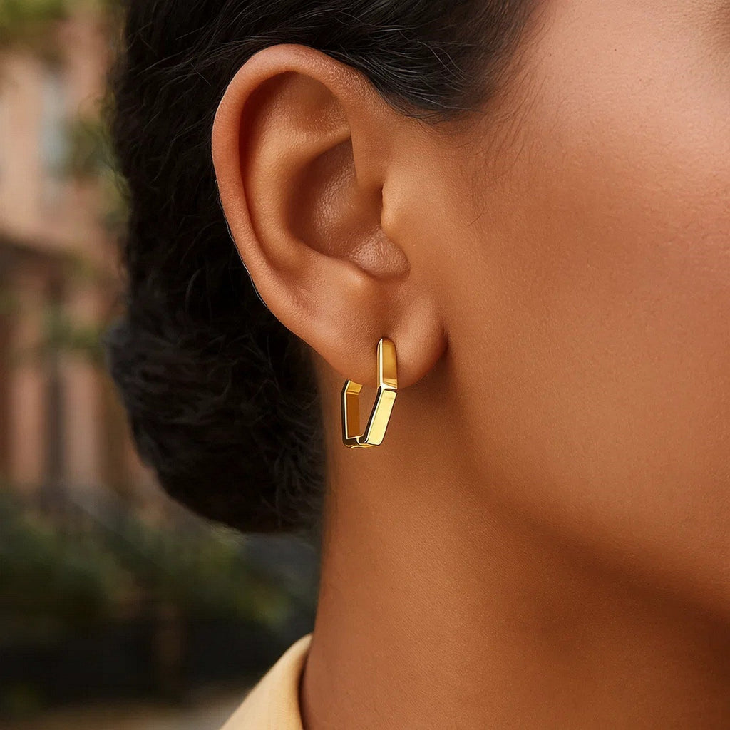 14k Yellow Gold Hexagon Huggie Hoops Earrings