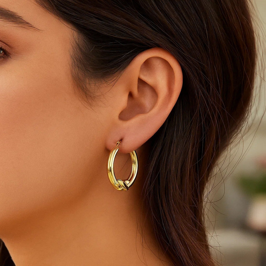 10k Yellow Gold X Motif Round Shape Hoop Earrings