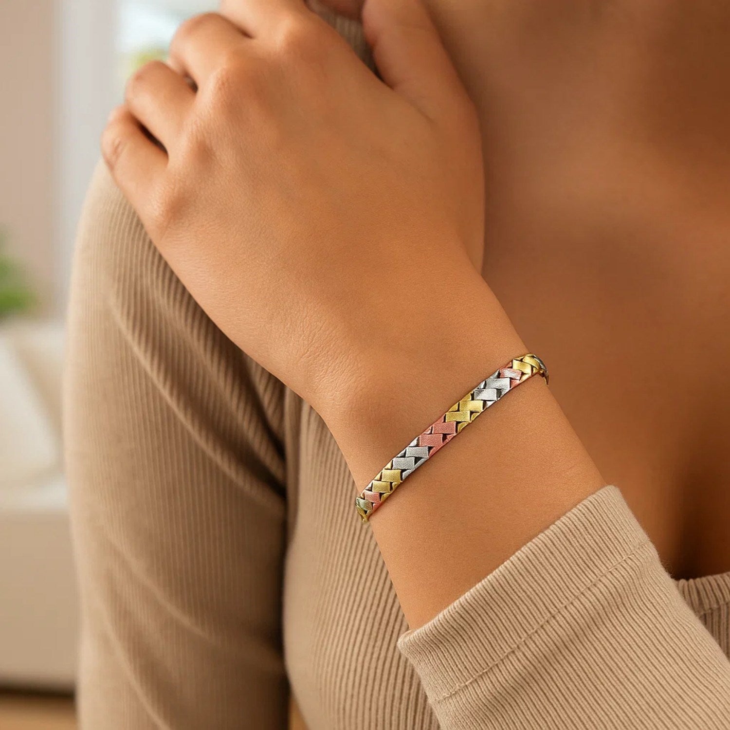 14k Tri-Color Gold Weave Design Bracelet (6.35 mm)