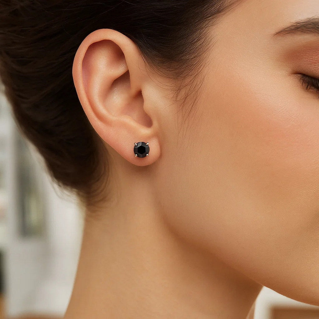 14k White Gold Stud Earrings with Black Cubic Zirconia(4mm)