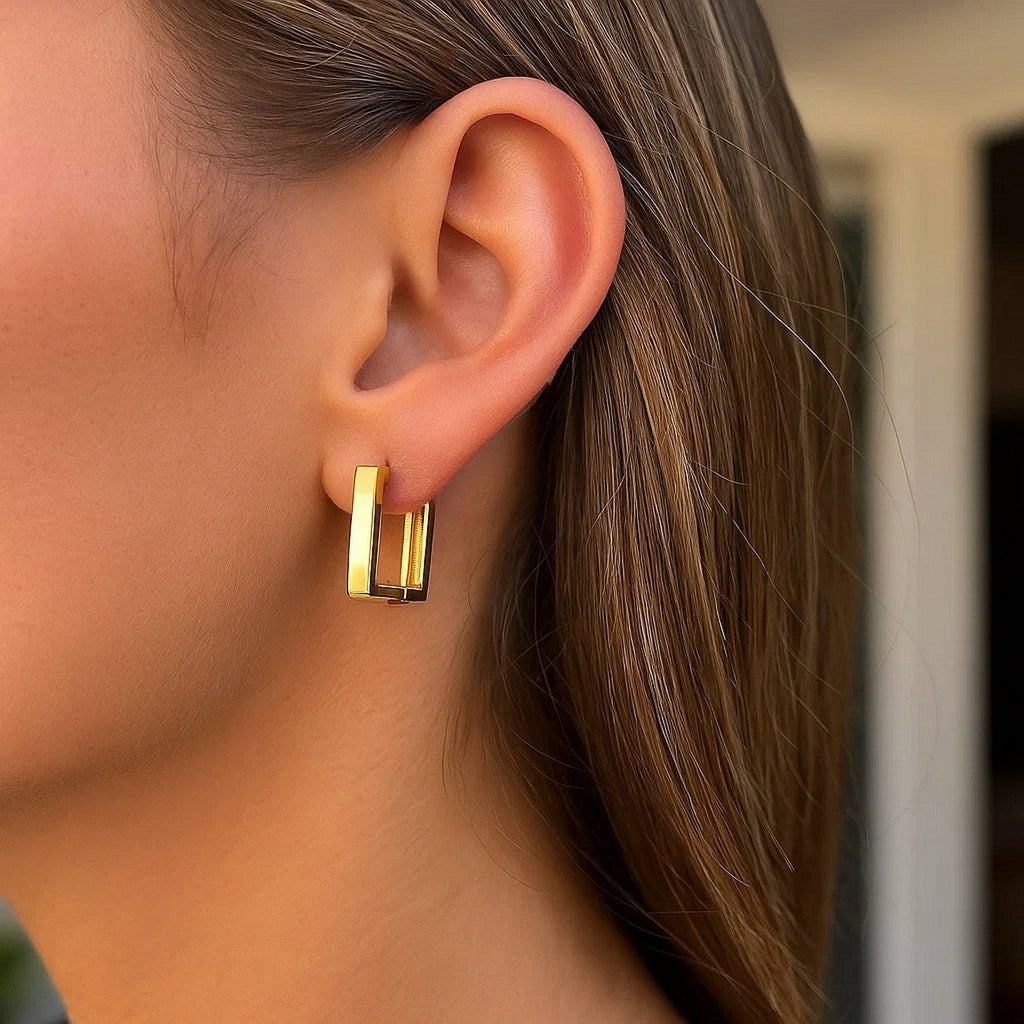 14k Yellow Gold Rectangle Huggie Hoops