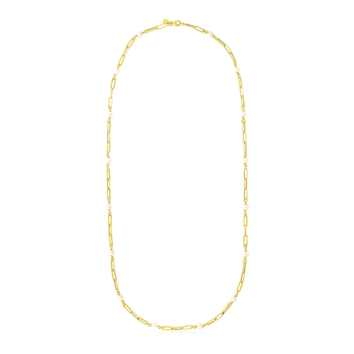 14k Yellow Gold Paperclip Chain and Pearl Necklace