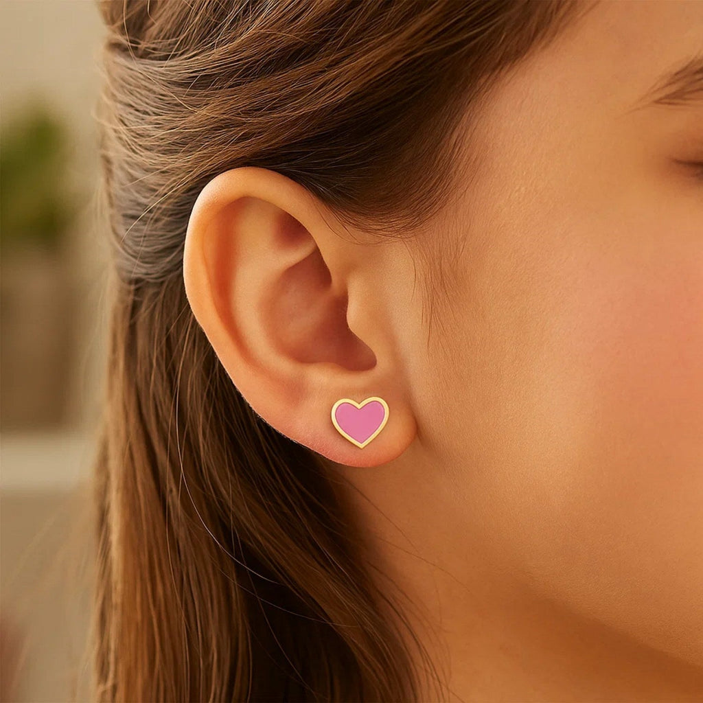 14k Yellow Gold and Enamel Pink Heart Stud Earrings