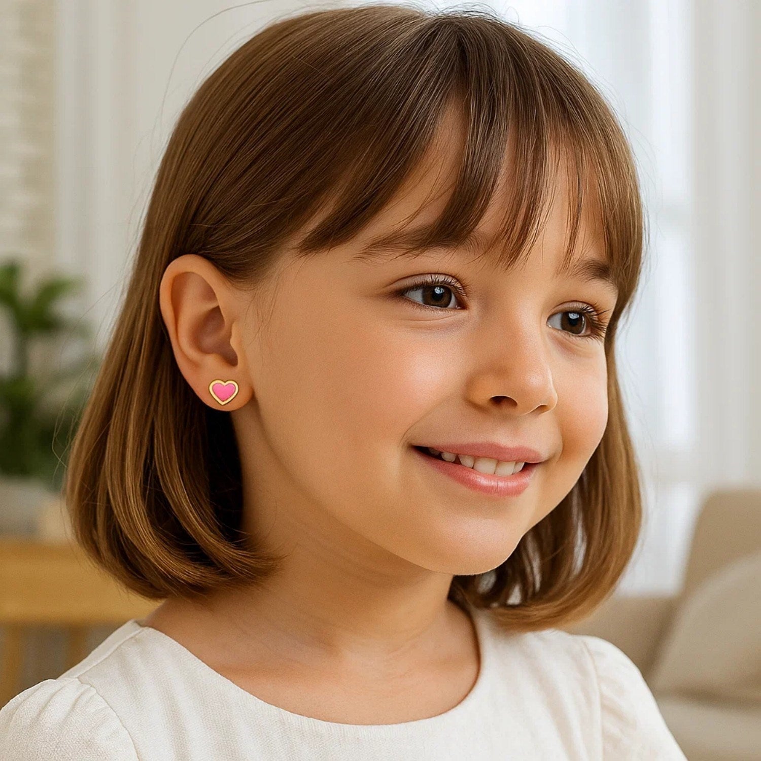 14k Yellow Gold and Enamel Pink Heart Stud Earrings