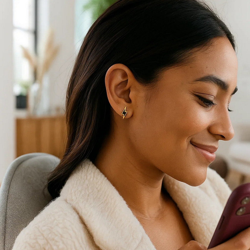 14k Yellow Gold and Enamel Black Lightning Bolt Stud Earrings