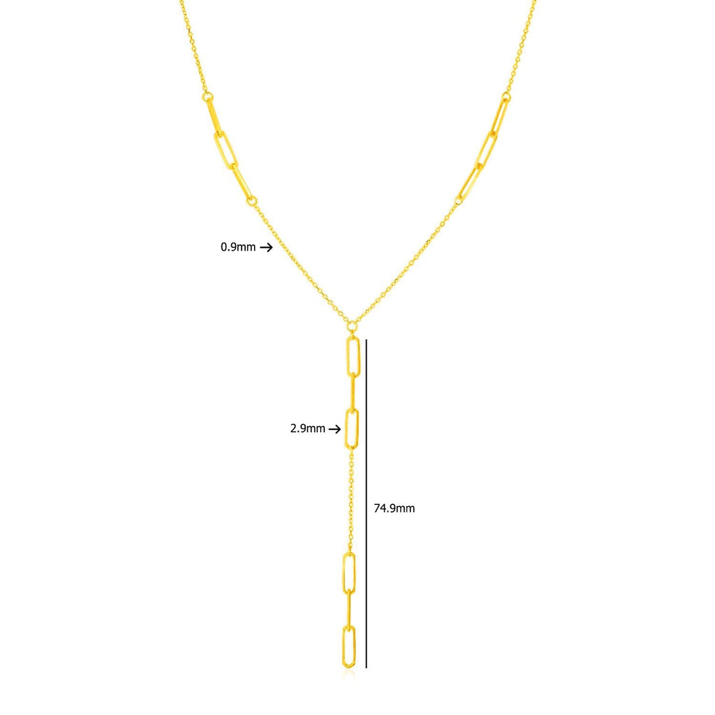 14K Yellow Gold Lariat Necklace with Paperclip Chain Stations