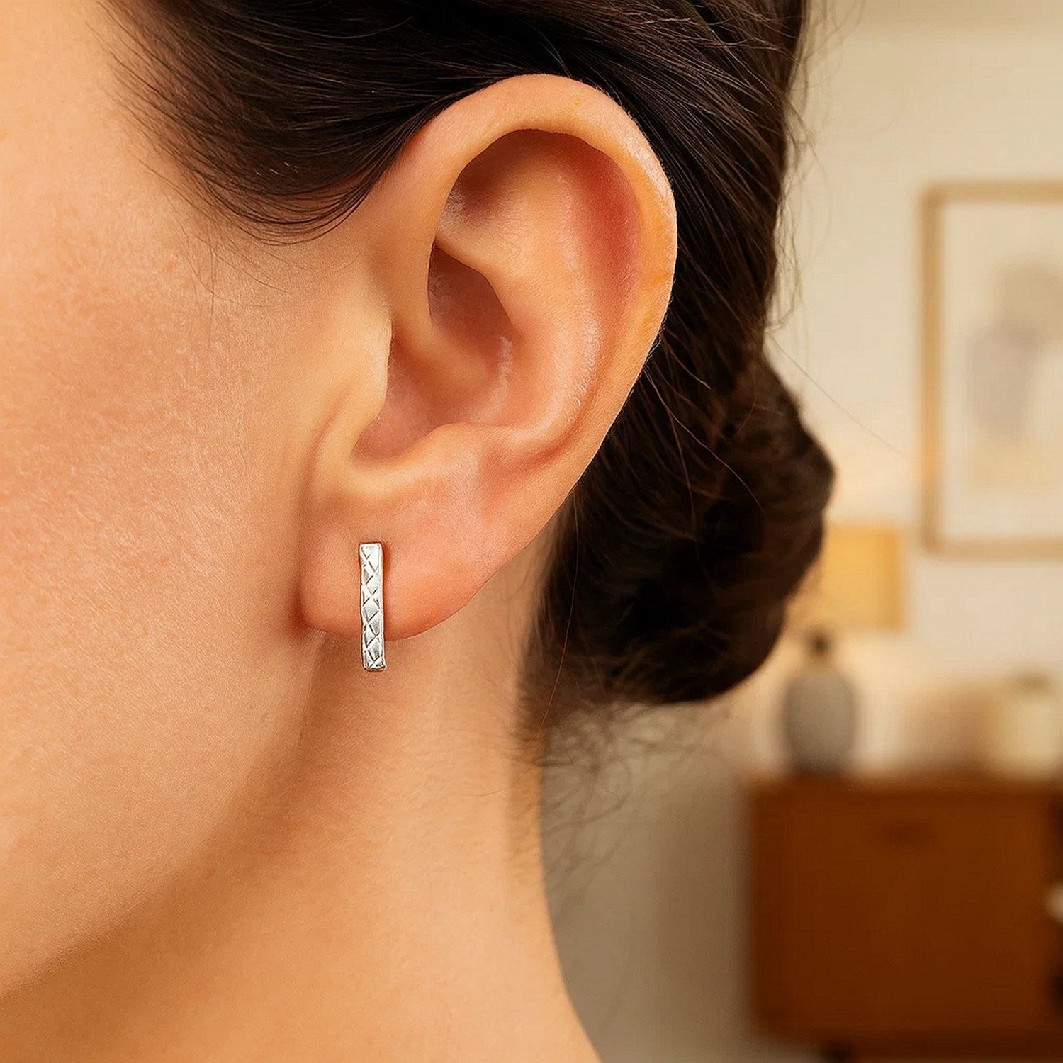 14k White Gold Textured Bar Earrings