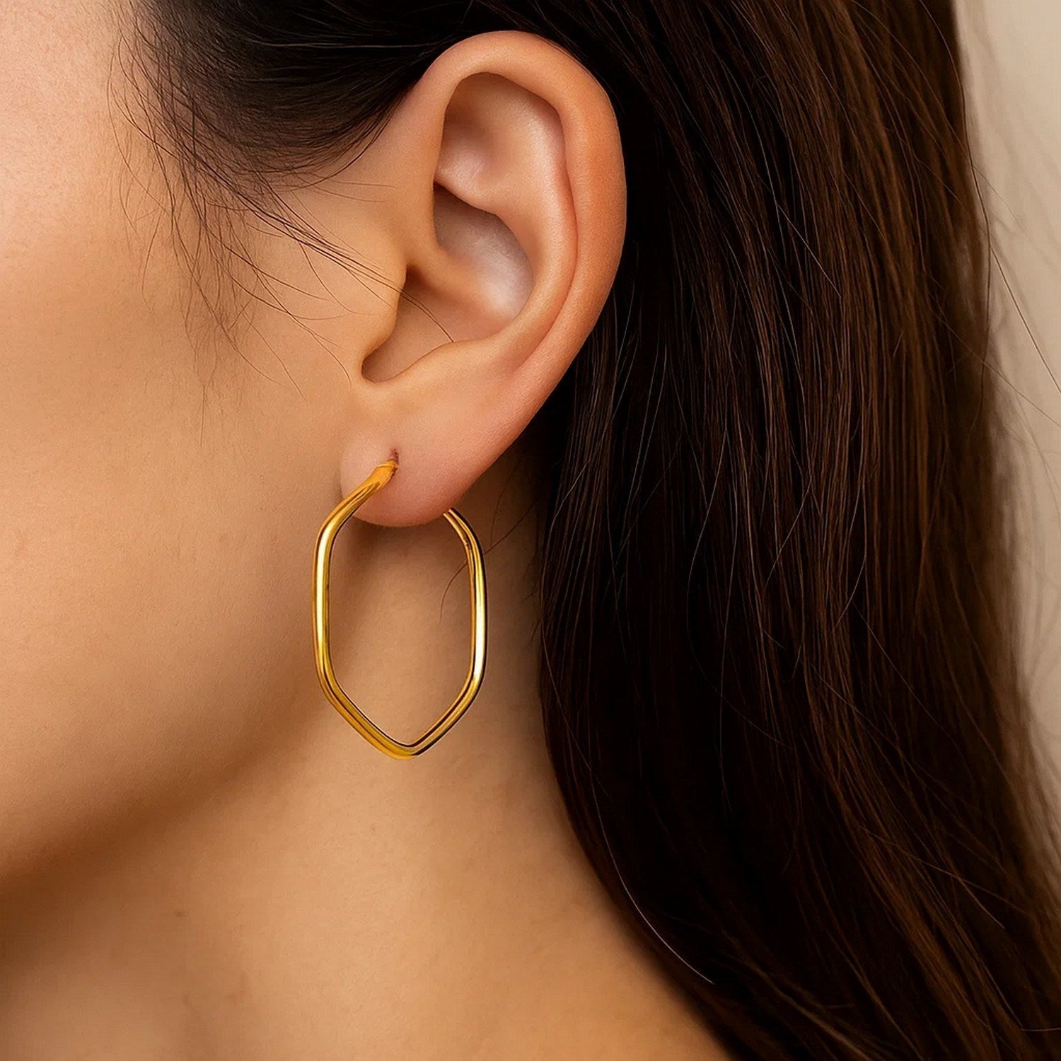 14K Yellow Gold Hexagon Hoop Rounded Edge Earrings