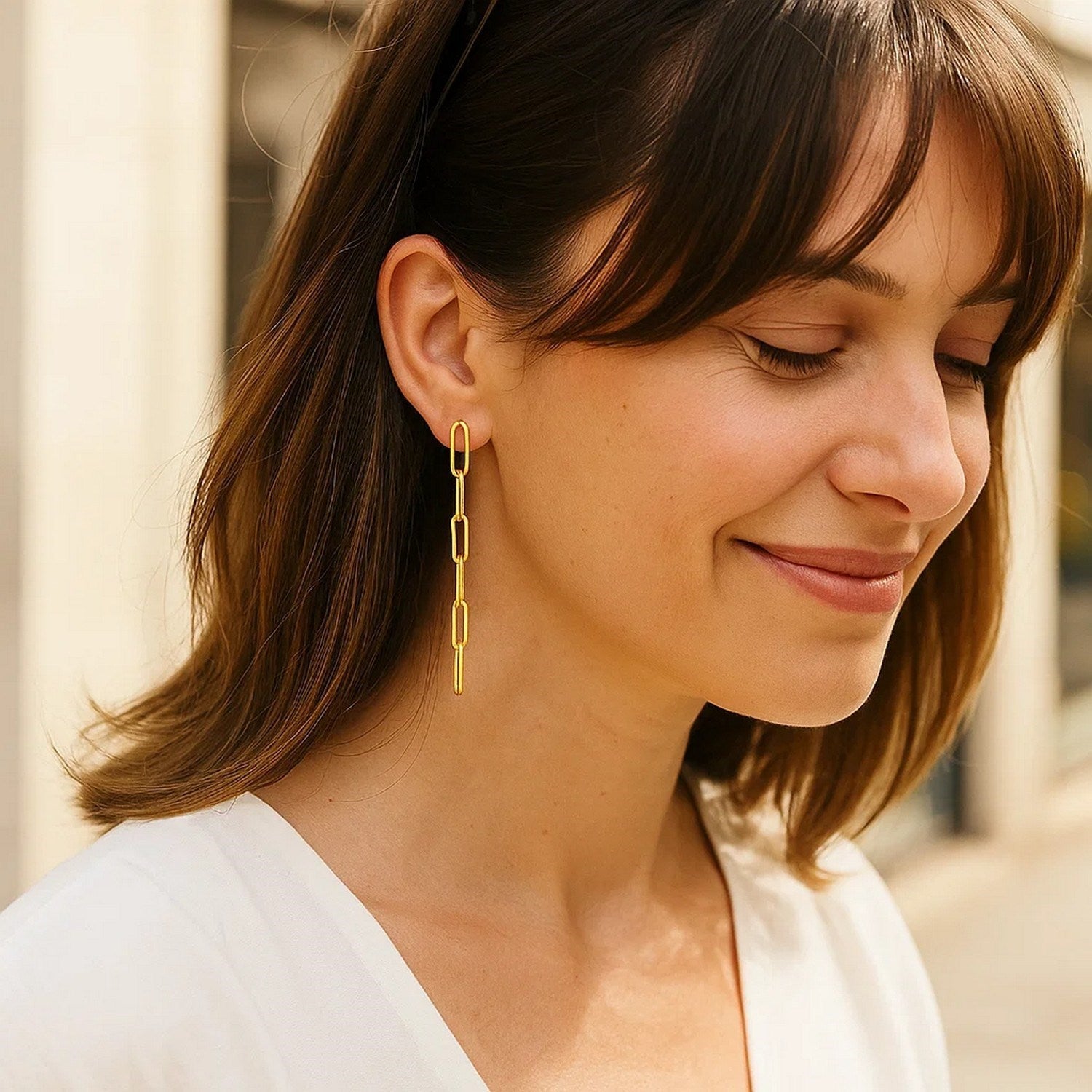 14K Yellow Gold Five Link Paperclip Chain Earrings