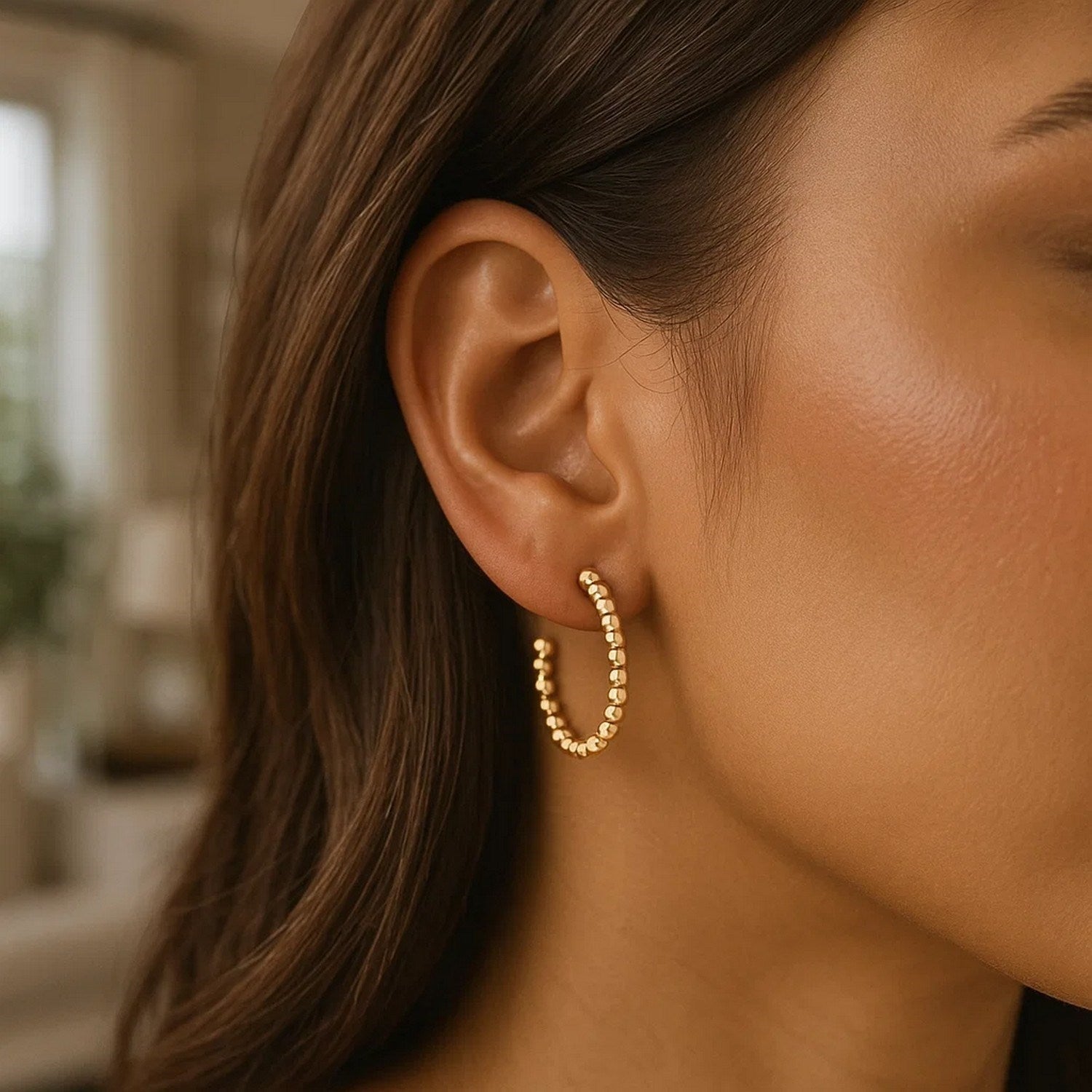 14K Yellow Gold Bead Hoop Earrings(2x23.4nn)