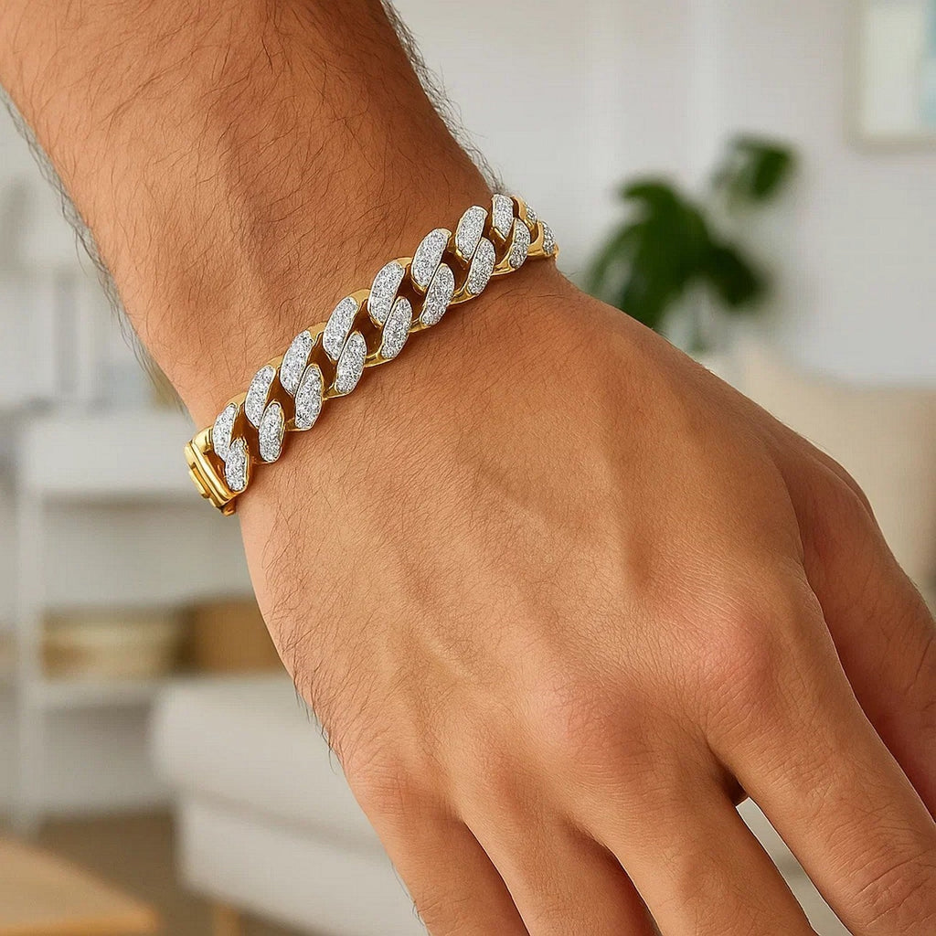 14k Two Tone Gold Curb Chain Bracelet with Diamond Pave Links (11.50 mm)