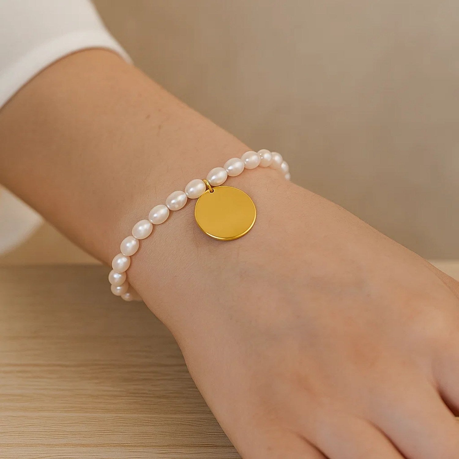 14k Yellow Gold Pearl Tag Charm Bracelet