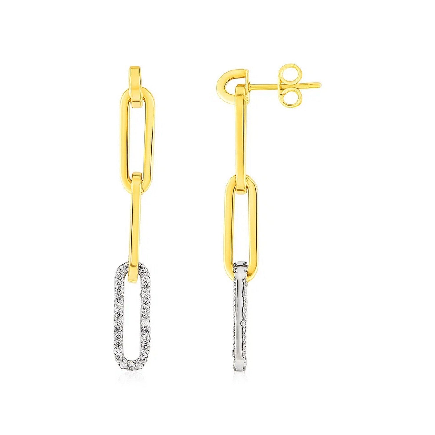 14k Yellow Gold Paperclip Chain Dangle Earrings with Diamonds