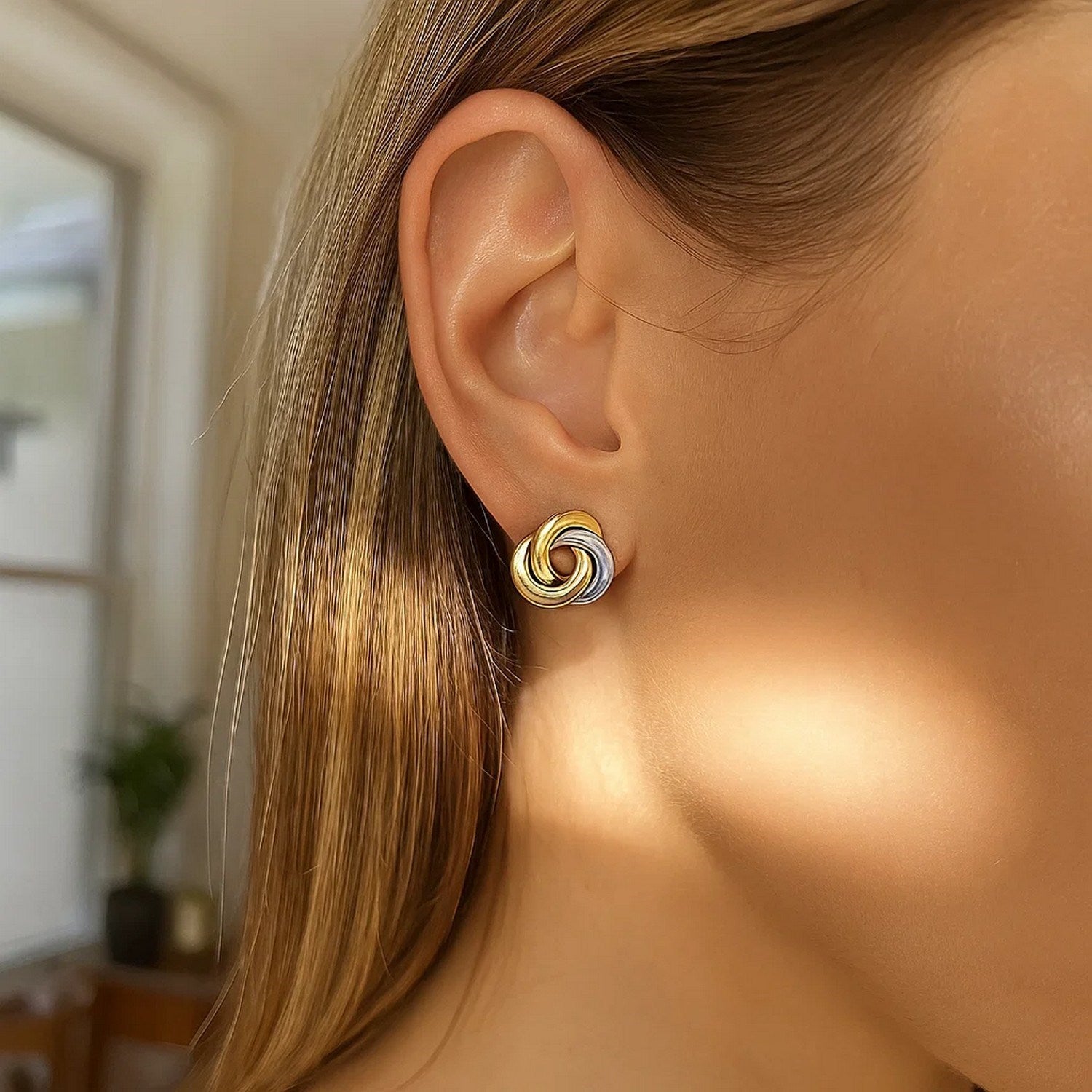 14k Two-Tone Gold Shiny Intertwined Open Circle Earrings