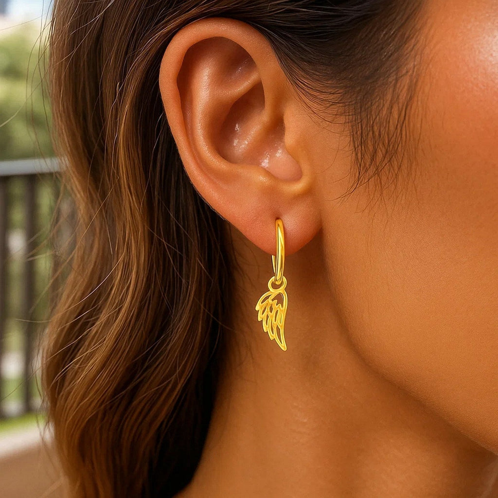 14K Yellow Gold Hoop Earrings with Angel Wings