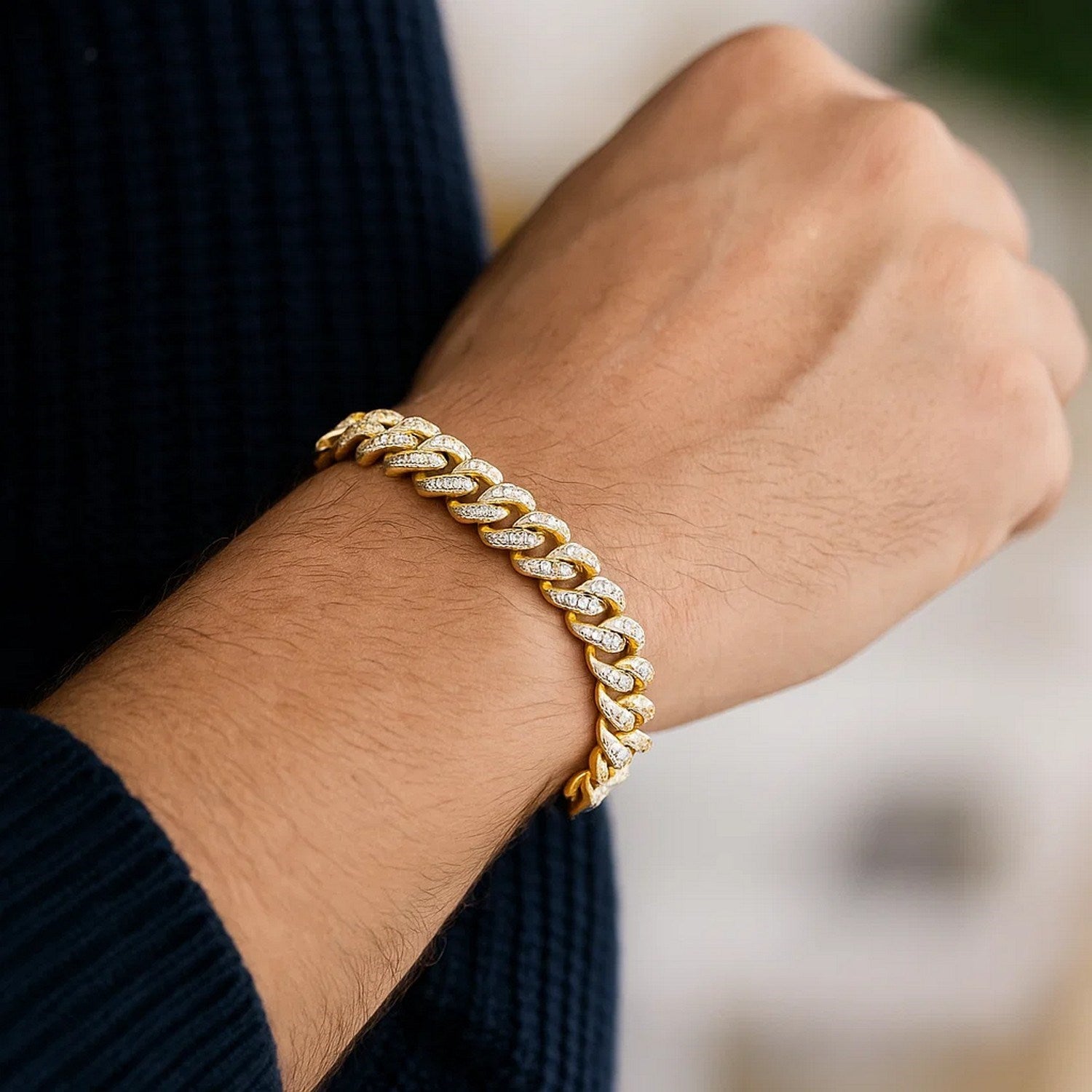 14k Yellow Gold White Pave High Polish Modern Lite Miami Cuban Bracelet(8.00 mm)