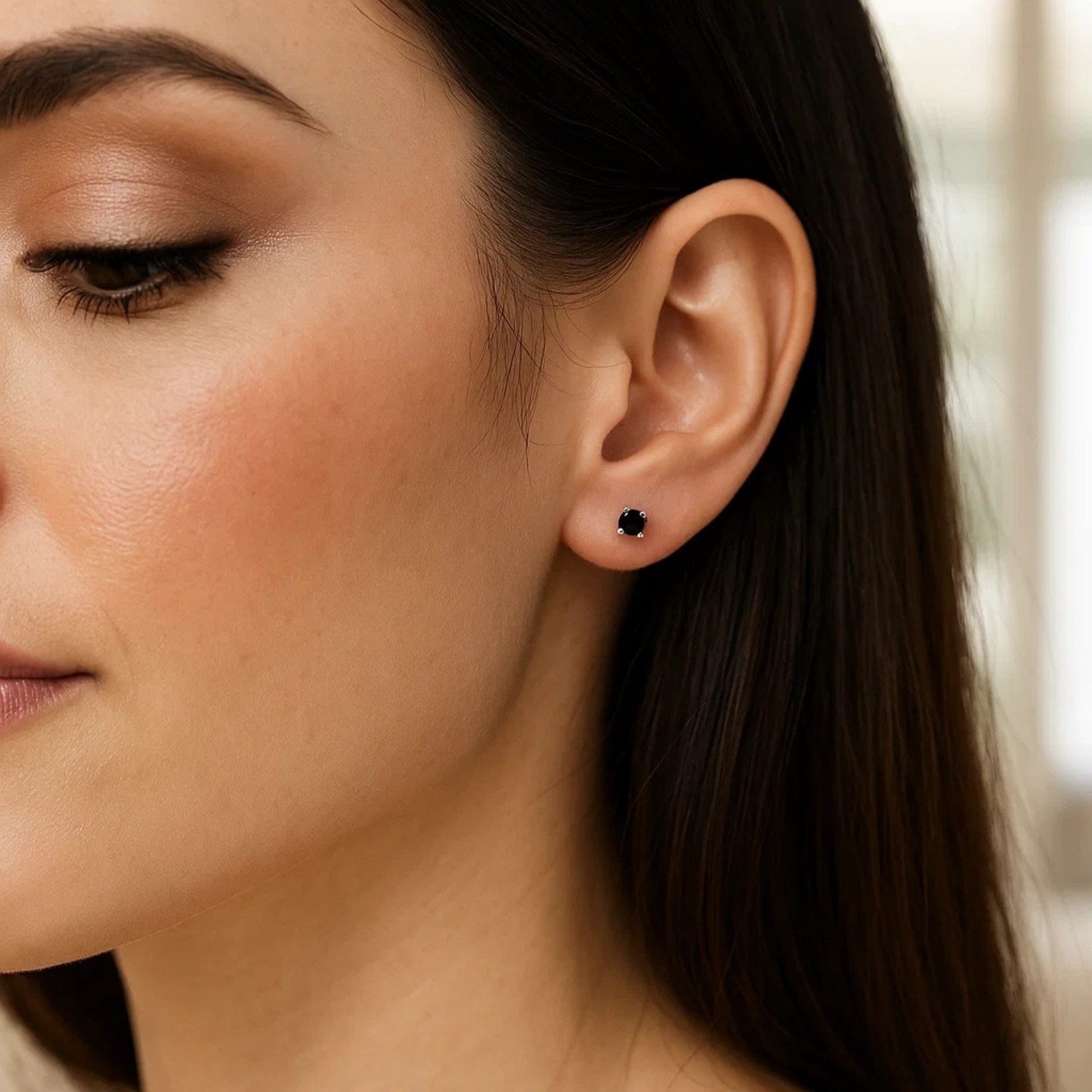 14k White Gold Black 3mm Faceted Cubic Zirconia Stud Earrings