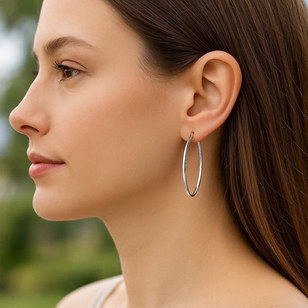 14k White Gold Slim Oval Shape Hoop Earrings