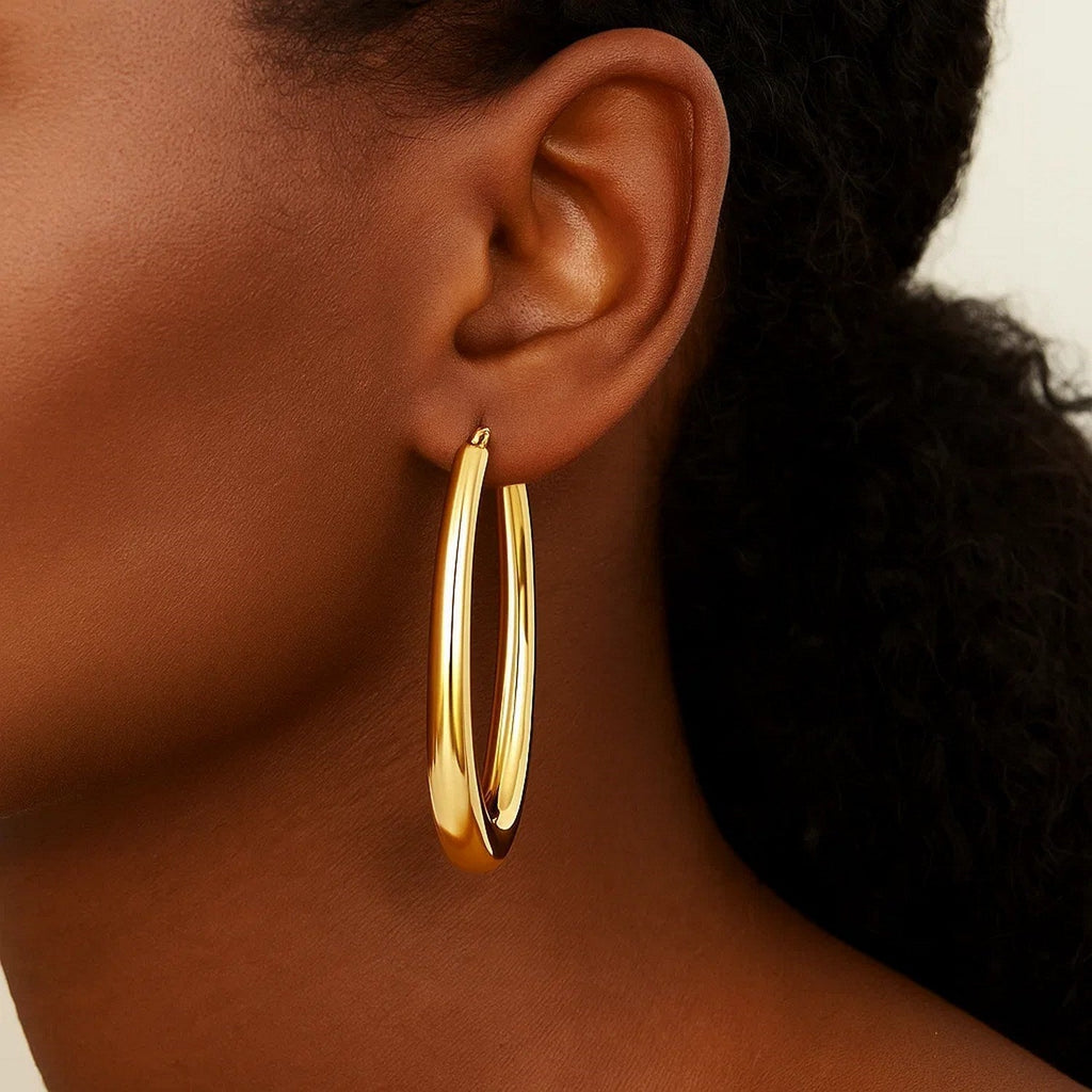 14k Yellow Gold Elongated Oval Hoops