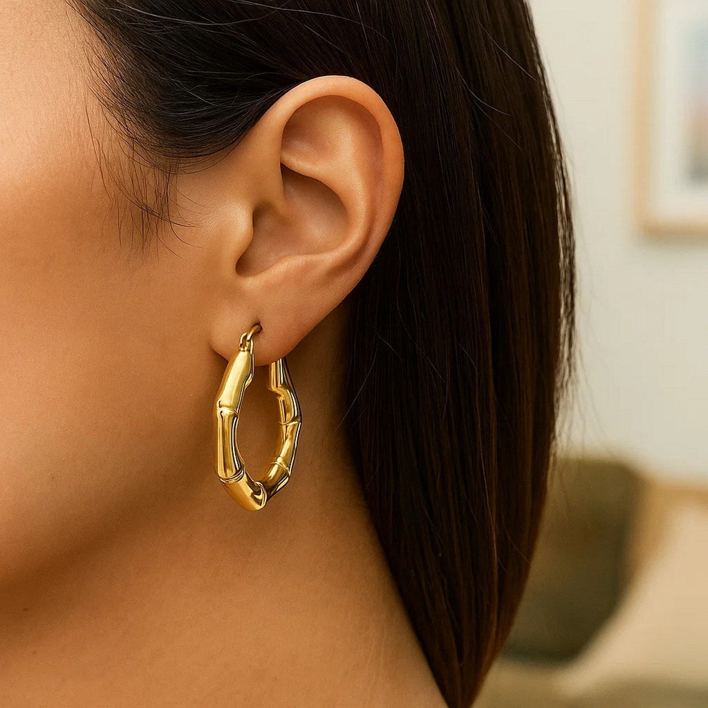 14k Yellow Gold Medium Bamboo Hoop Earrings