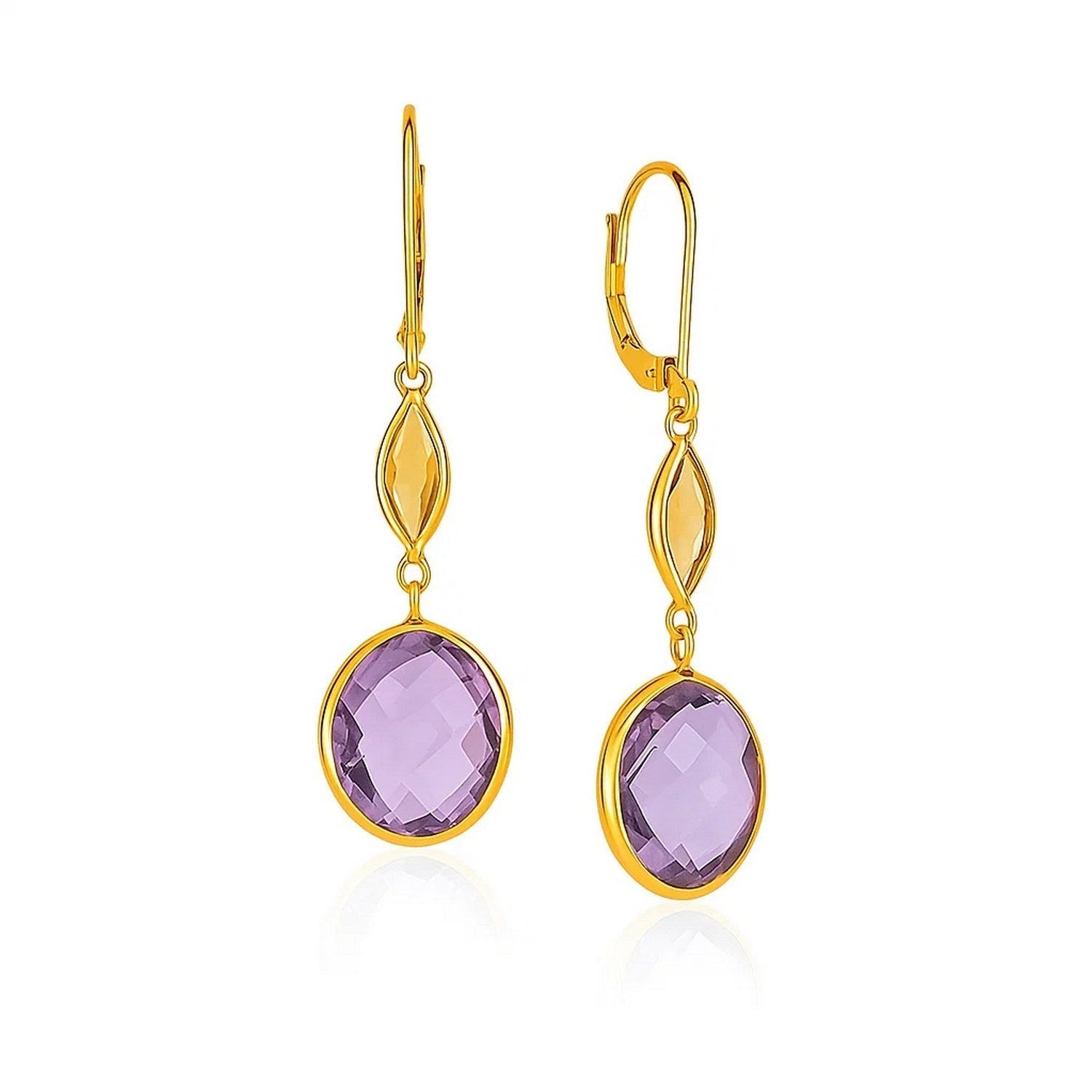 14k Yellow Gold Drop Earrings with Citrine and Amethyst Briolettes