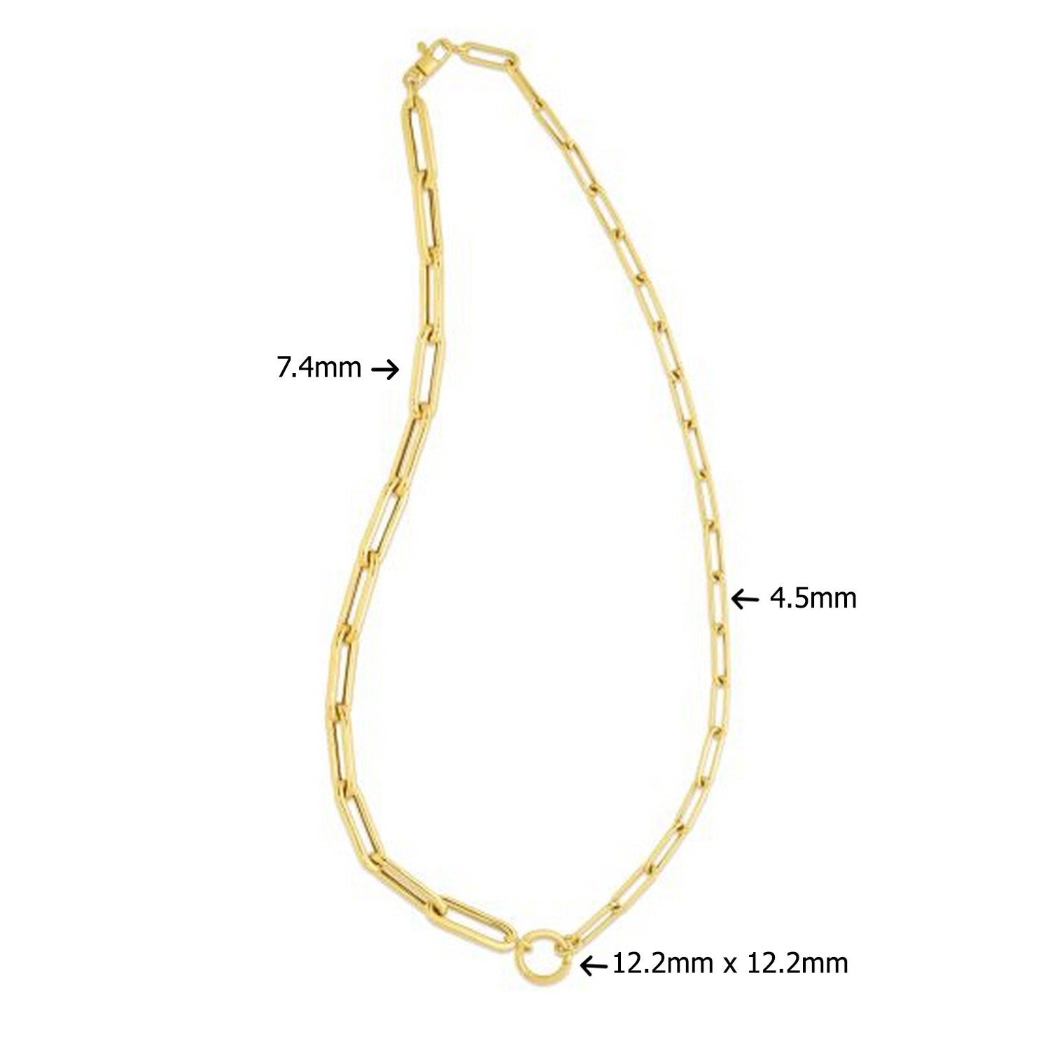 14k Yellow Gold High Polish Elongated Paperclip Chain Circle Necklace