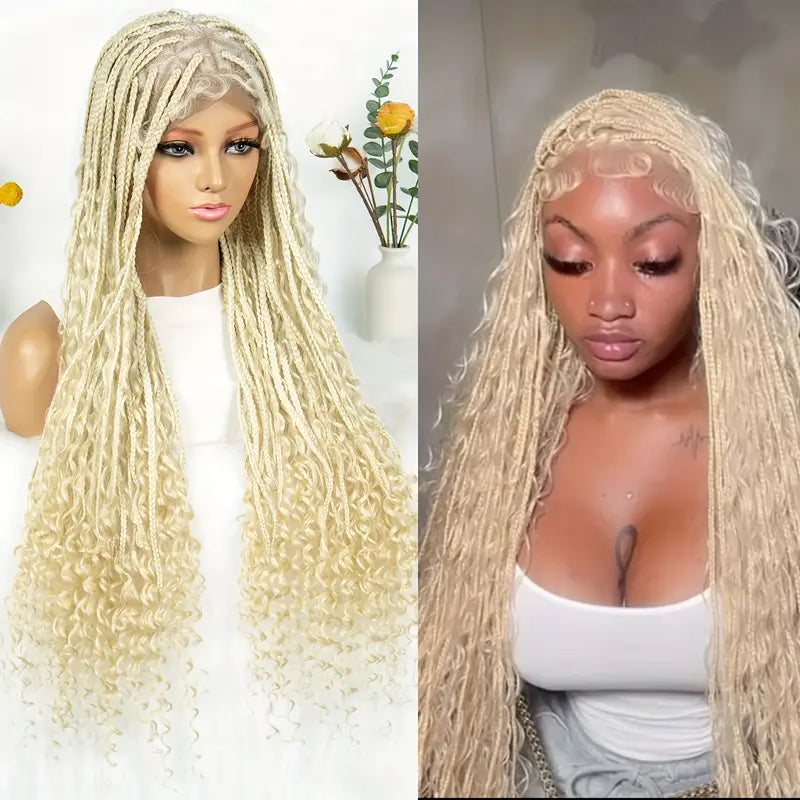 613 Blonde Boho Box Braids Wig | Human Hair | 300 Density | Full Lace | Curly Ends