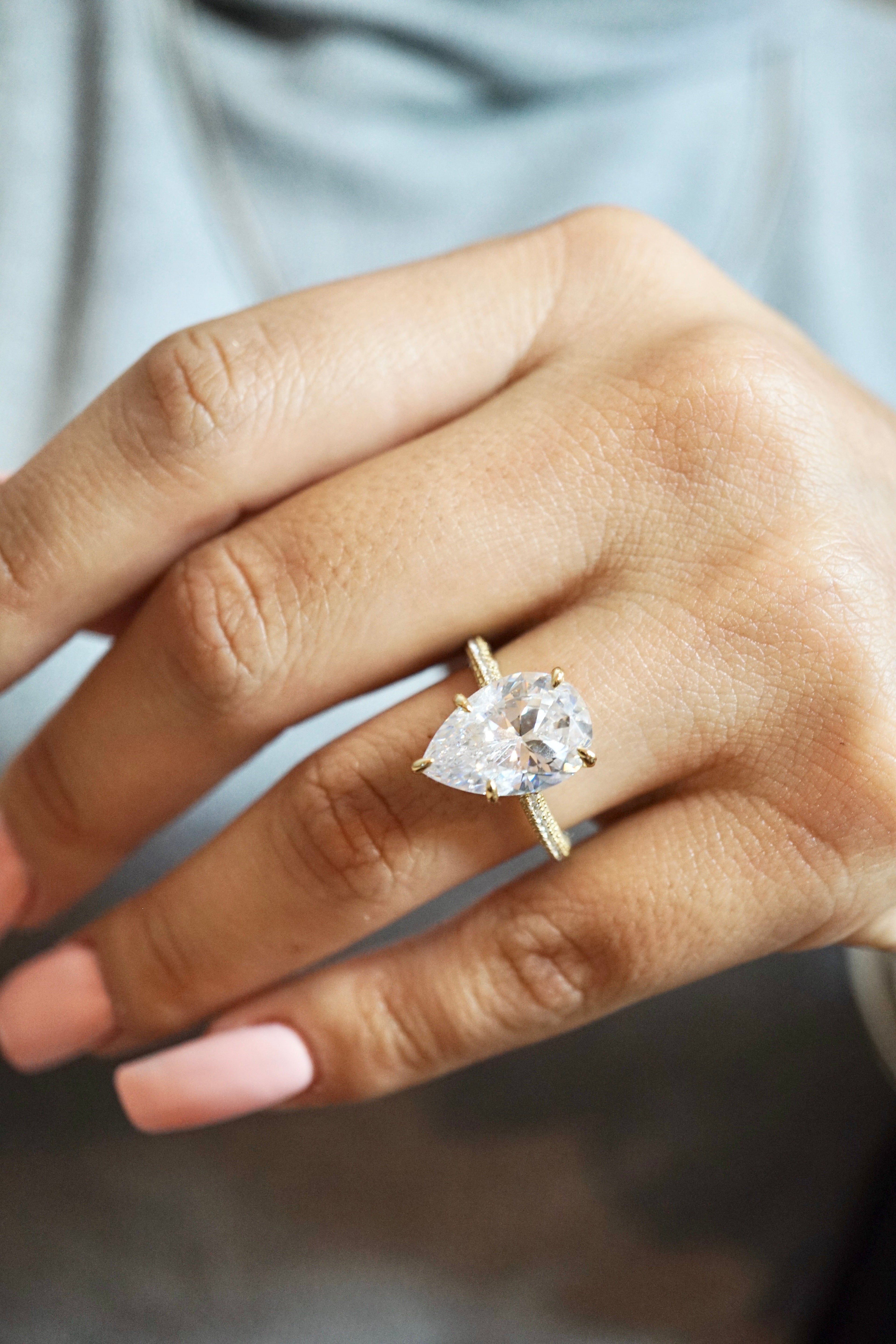 5.0ct Pear Cut Moissanite Three Row Pavè Lab Diamond Engagement Ring