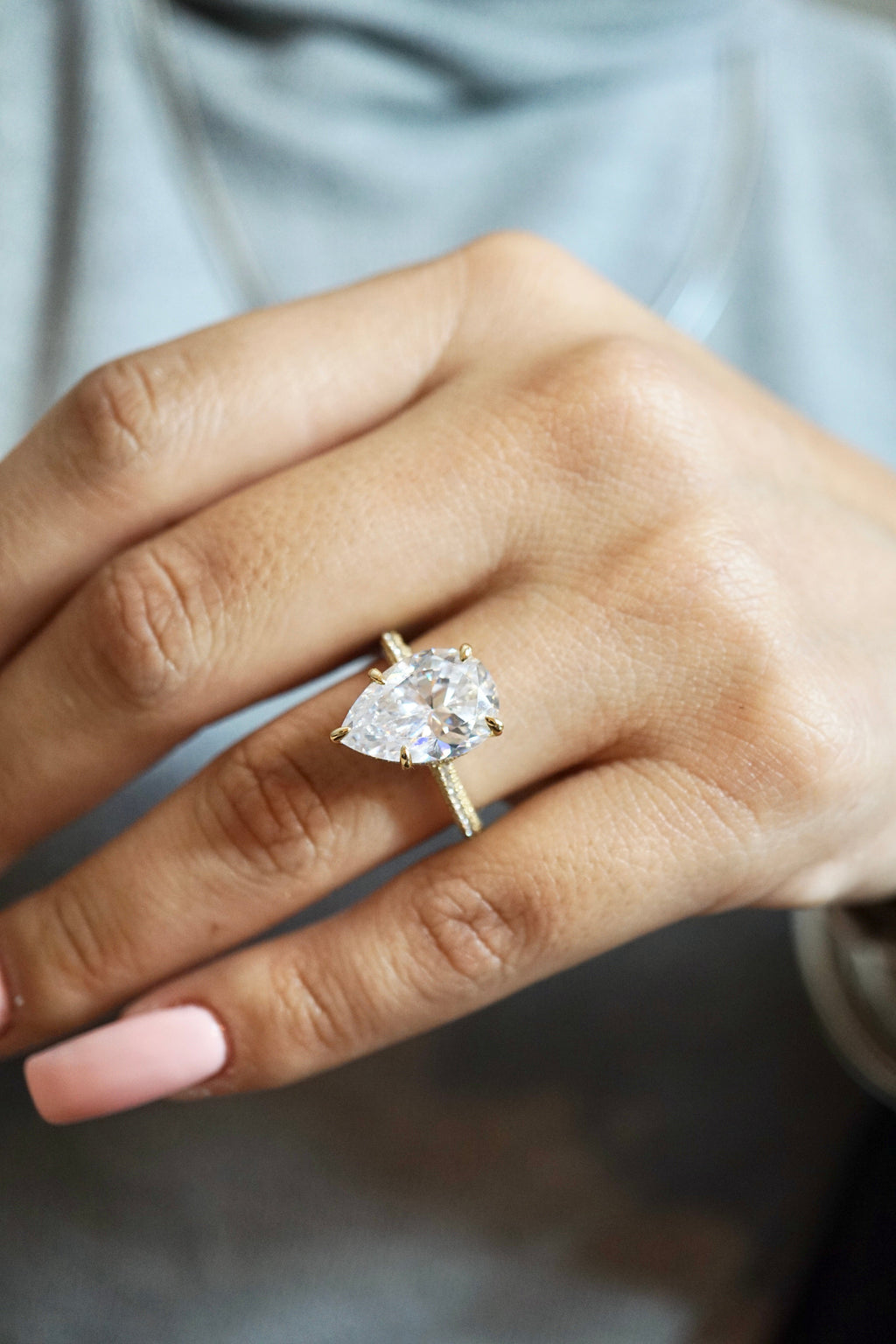 5.0ct Pear Cut Moissanite Three Row Pavè Lab Diamond Engagement Ring