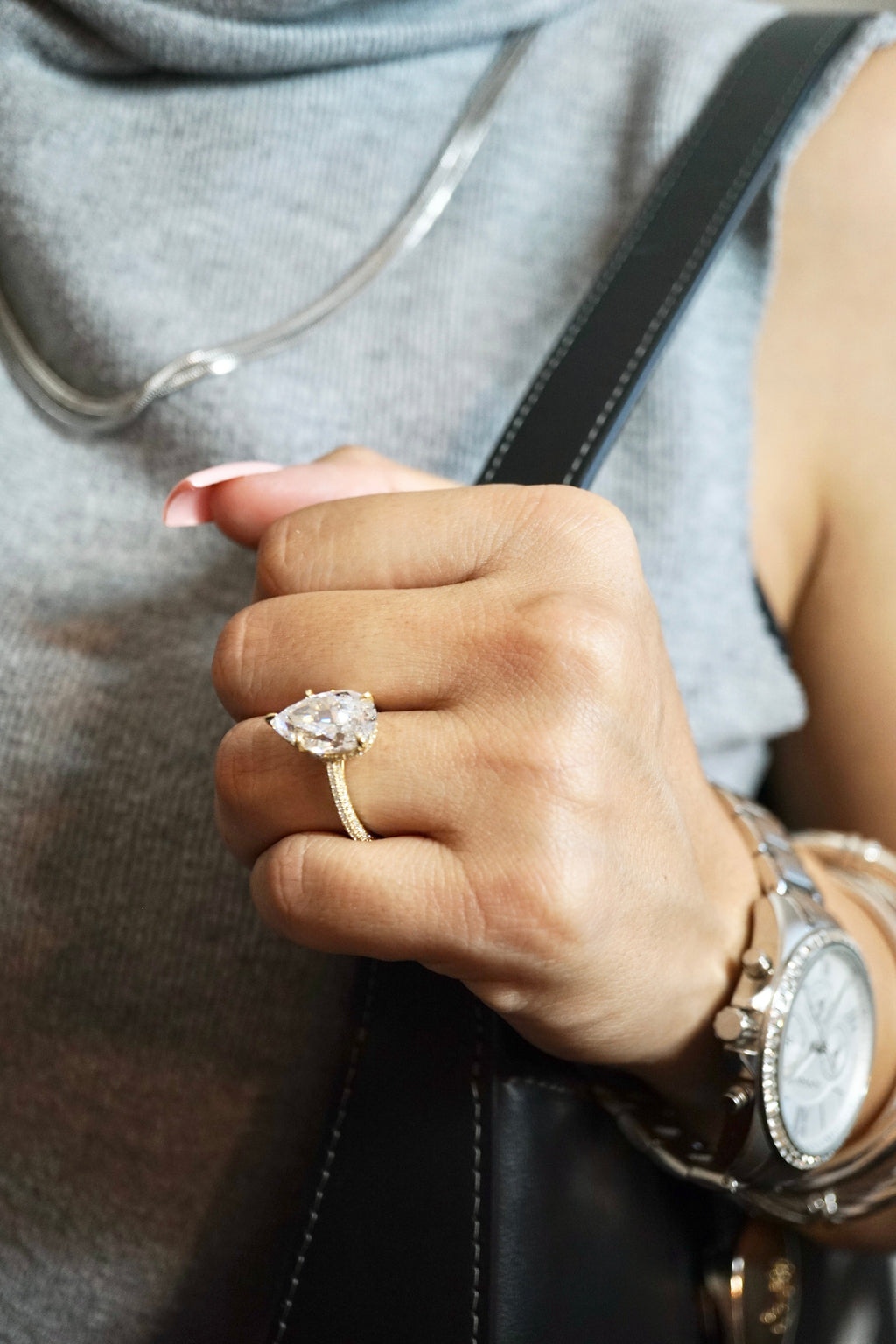 5.0ct Pear Cut Moissanite Three Row Pavè Lab Diamond Engagement Ring