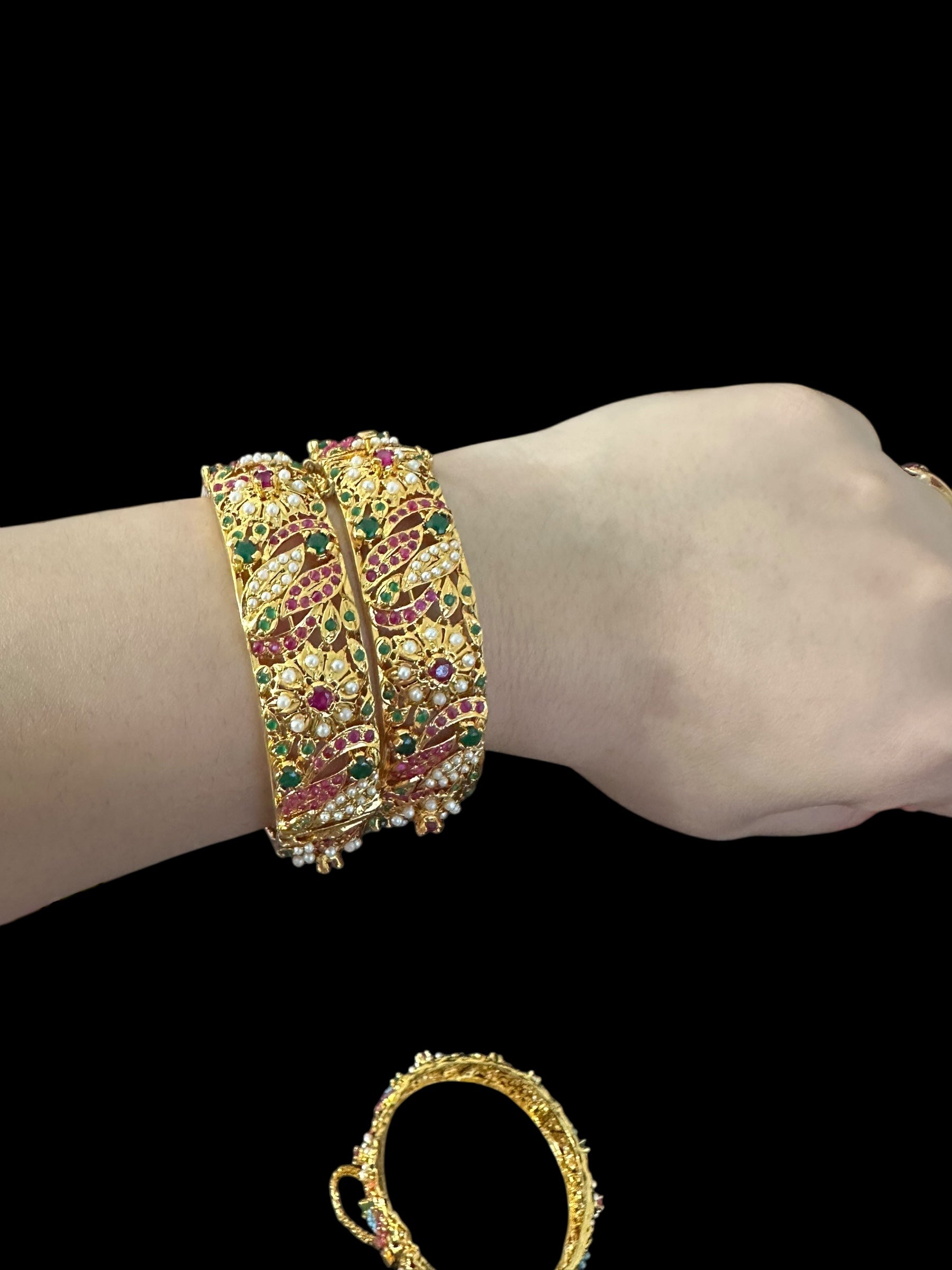 B810 Jadau bangles in ruby emerald pearl ( READY TO SHIP )