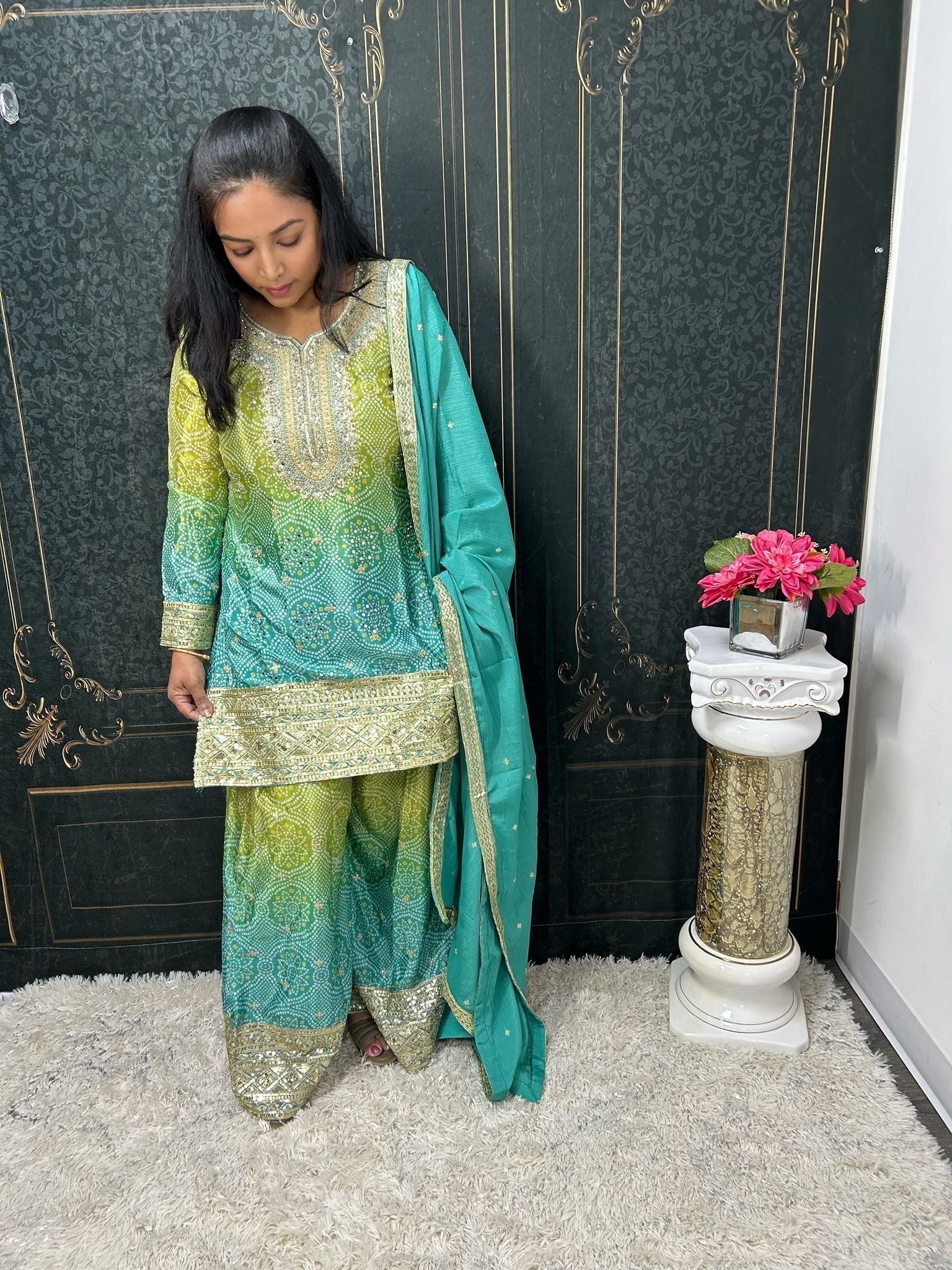 Bandhani silk sharara suit