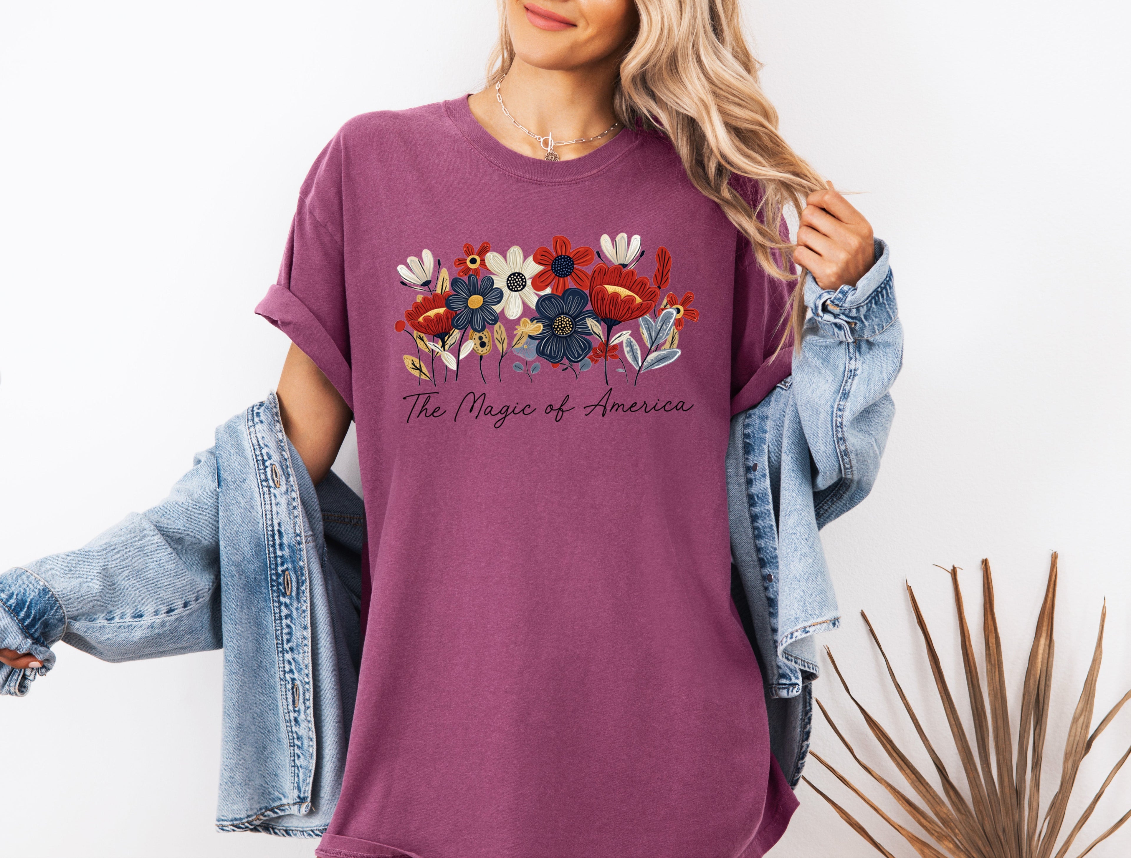 America the Magic of America USA Flag flower Garment Dyed T Shirt