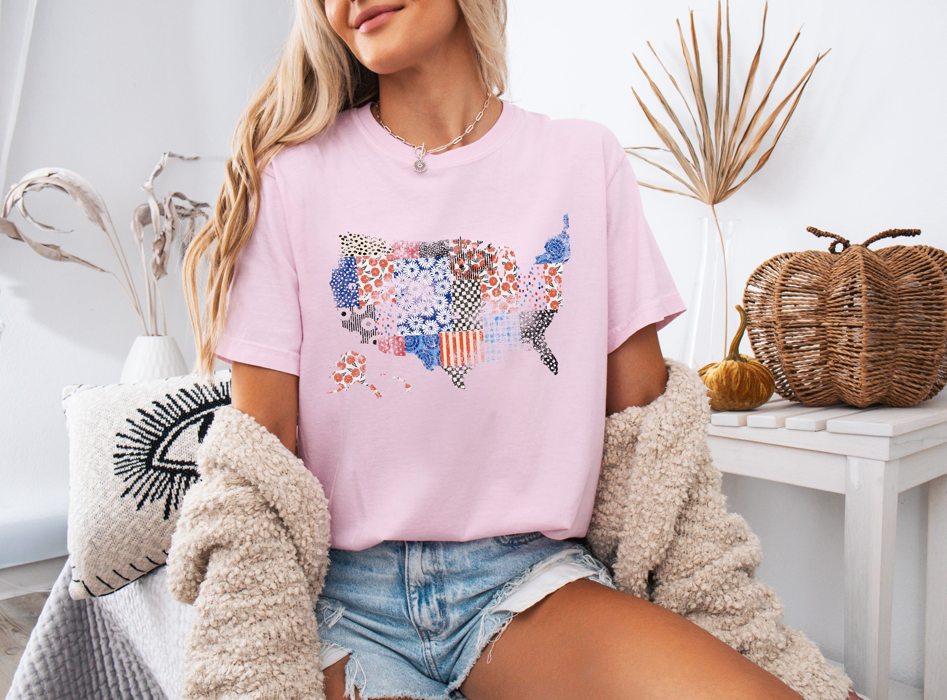 America map USA map Flag flower Garment Dyed T Shirt