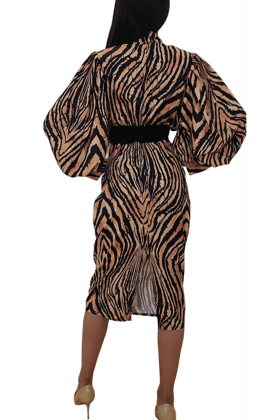 Long Sleeve Tiger Print Stretch Waist Dress