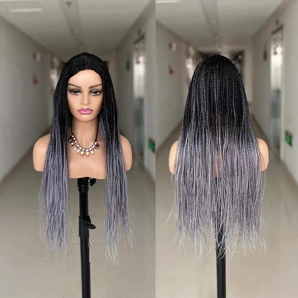 26" Ombre Box Braided Cosplay Wig | Long Straight Braids with Curly Ends | Synthetic Twist Braiding Hair