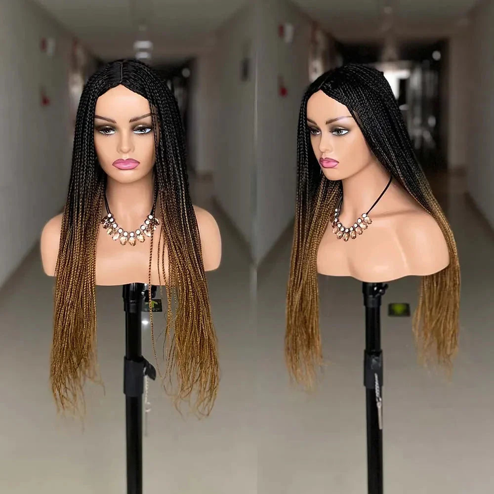 26" Ombre Box Braided Cosplay Wig | Long Straight Braids with Curly Ends | Synthetic Twist Braiding Hair