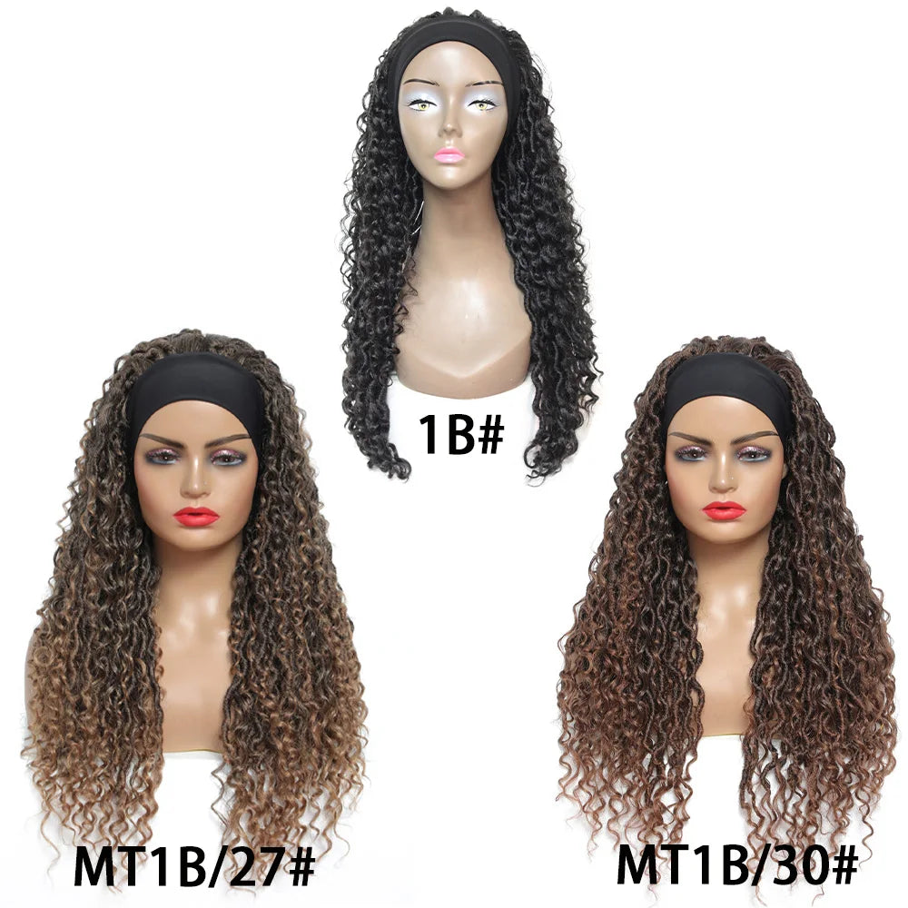 24" Ombre Brown Headband Wig | Curly Crochet Braids | Glueless | Synthetic Fluffy Wig for Black Women