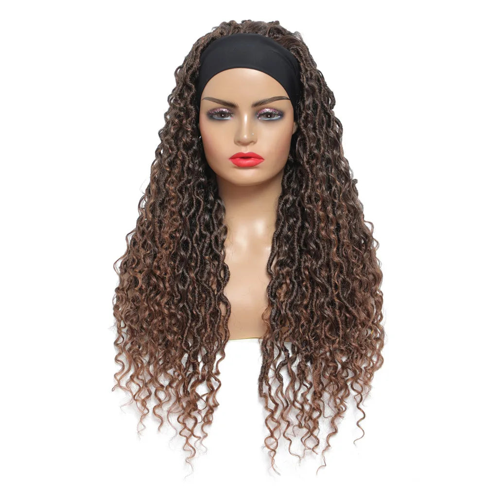 24" Ombre Brown Headband Wig | Curly Crochet Braids | Glueless | Synthetic Fluffy Wig for Black Women