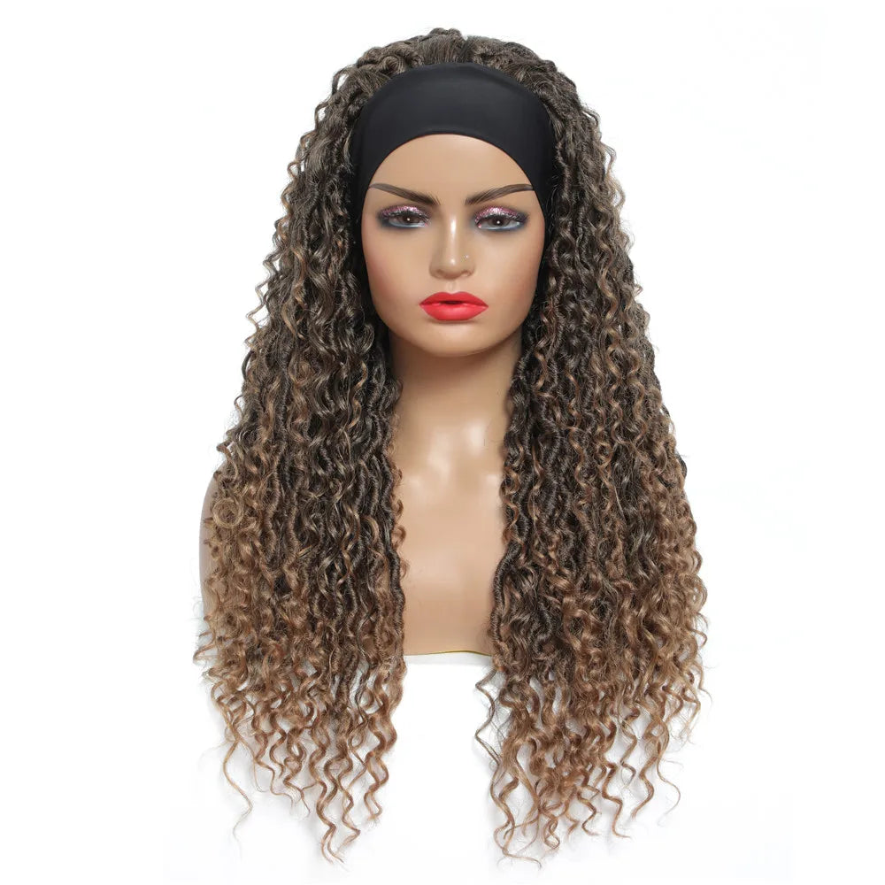 24" Ombre Brown Headband Wig | Curly Crochet Braids | Glueless | Synthetic Fluffy Wig for Black Women