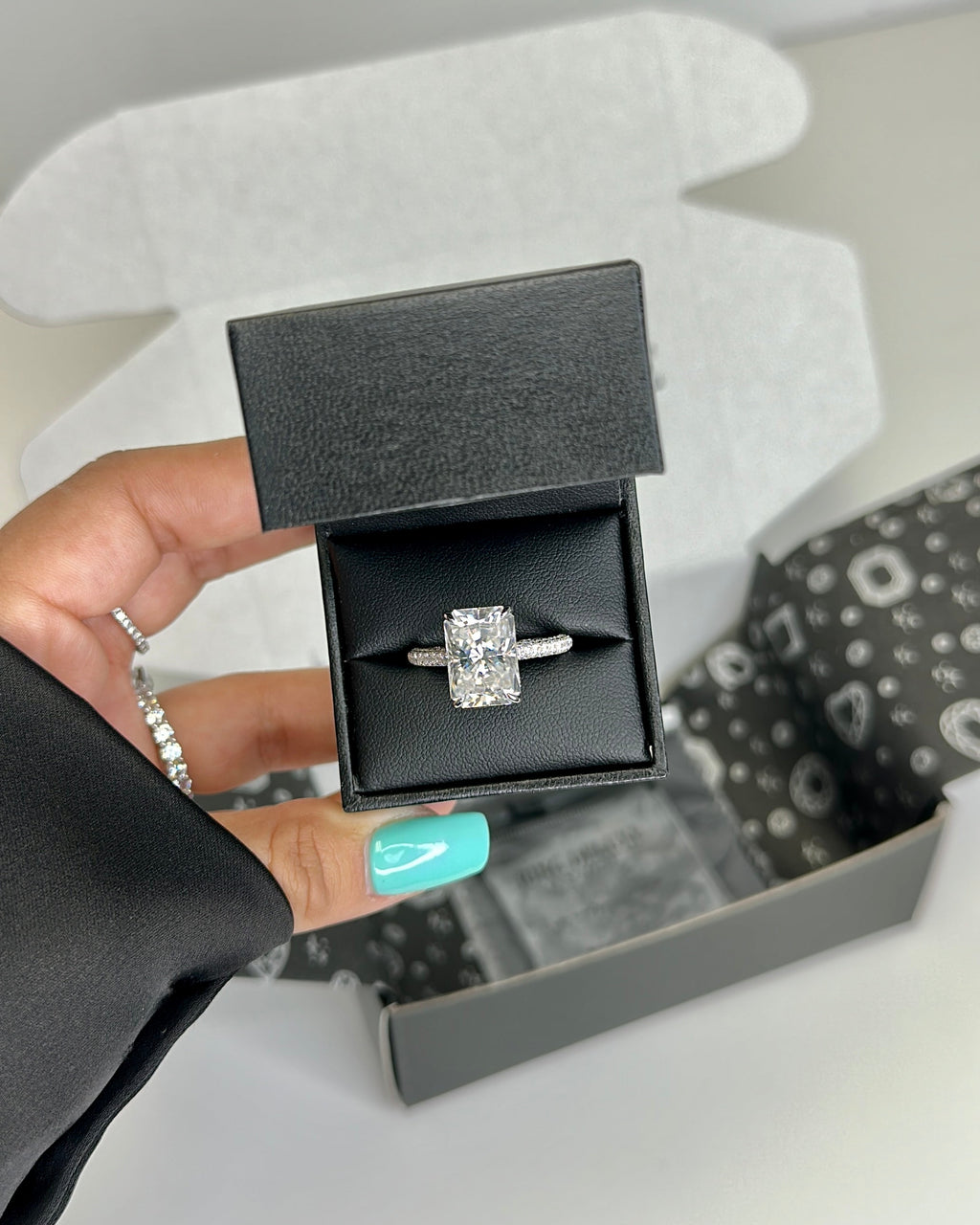 5.0ct Radiant Cut Moissanite Diamond Three Row Pavè Engagement Ring