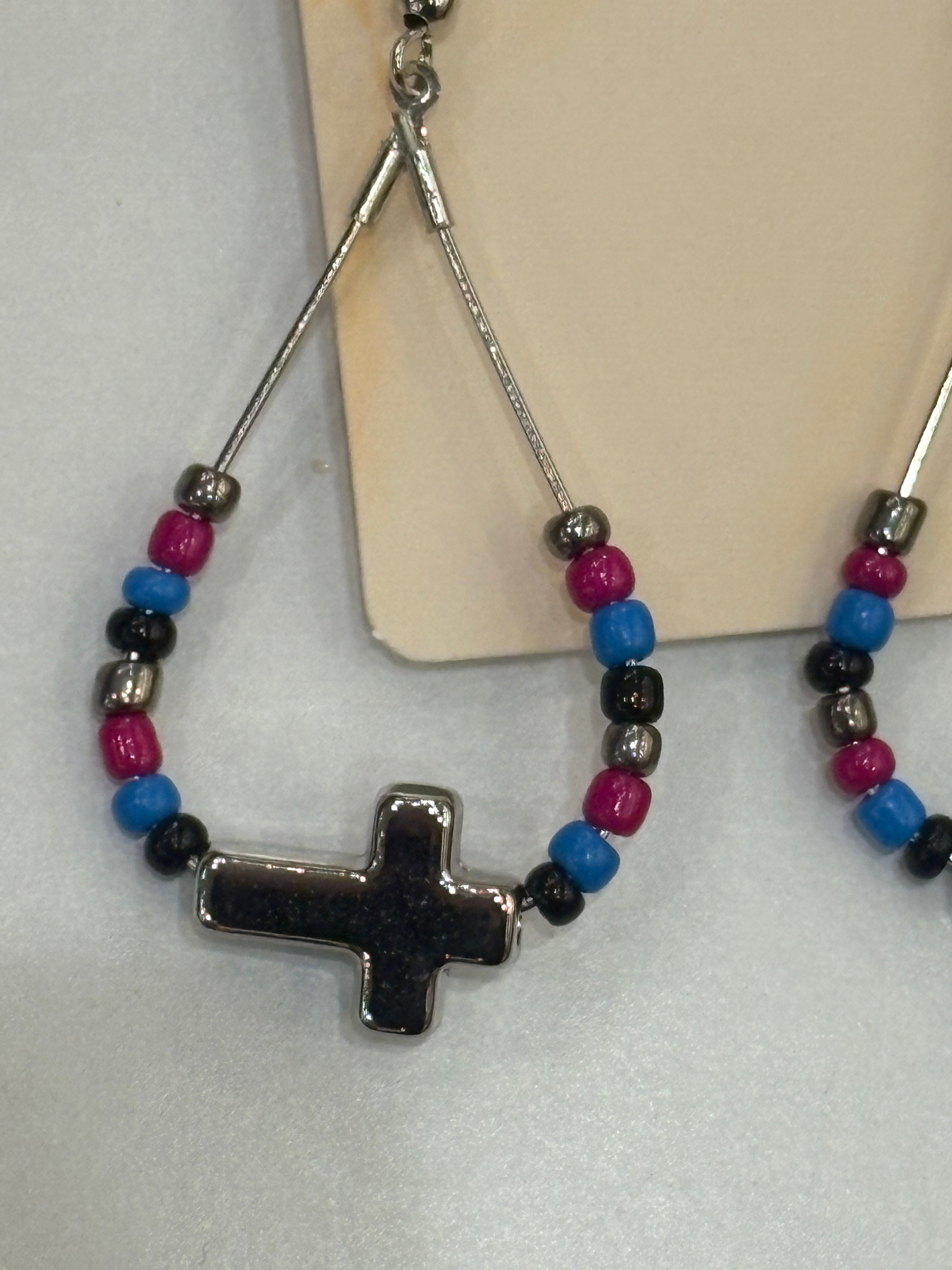Beaded Teardrop Earrings with Cross Charm