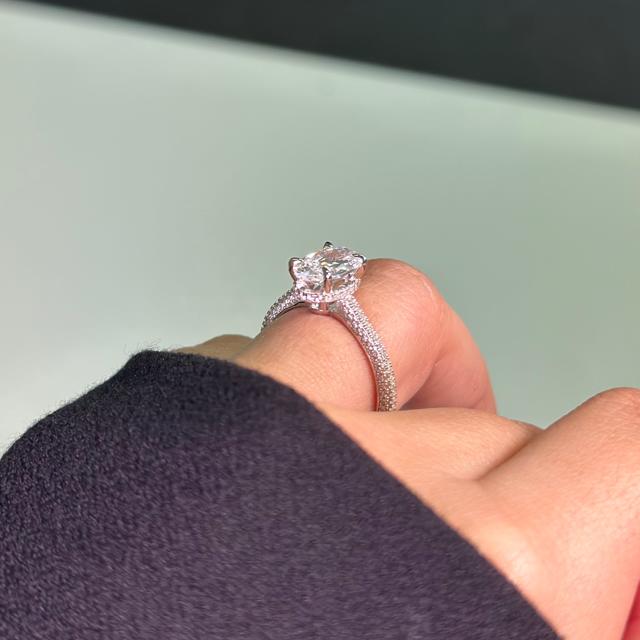 2.5ct Oval Cut Three Row Pavè Moissanite Engagement Ring